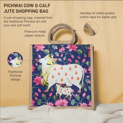 Jute Cottage Pichwai Cow & Calf Shopping Zipper bag 14x14 - B-311